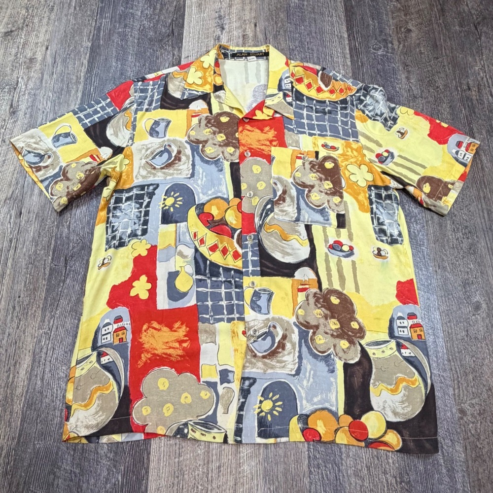 Alan Stuart Button Up Shirt Mens Large Yellow Abstract Still Life Rayon Vintage